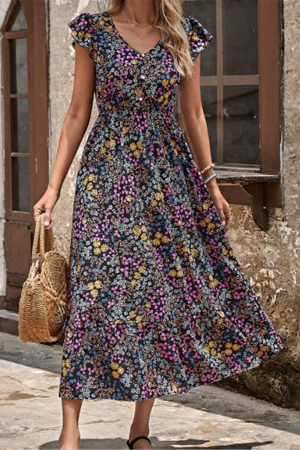 Floral Ruffled Sleeve V-Neck Midi Dress