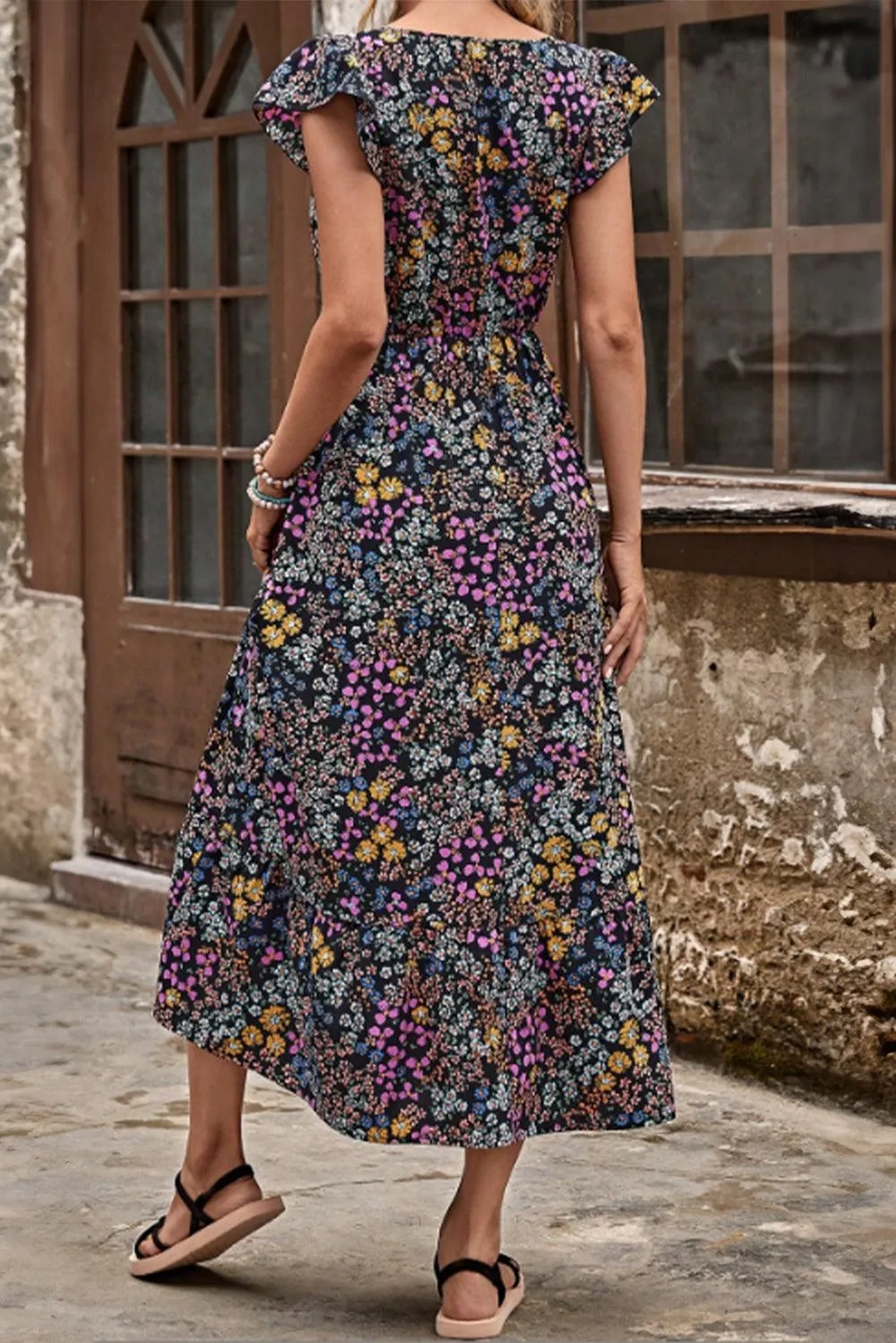 Floral Ruffled Sleeve V-Neck Midi Dress