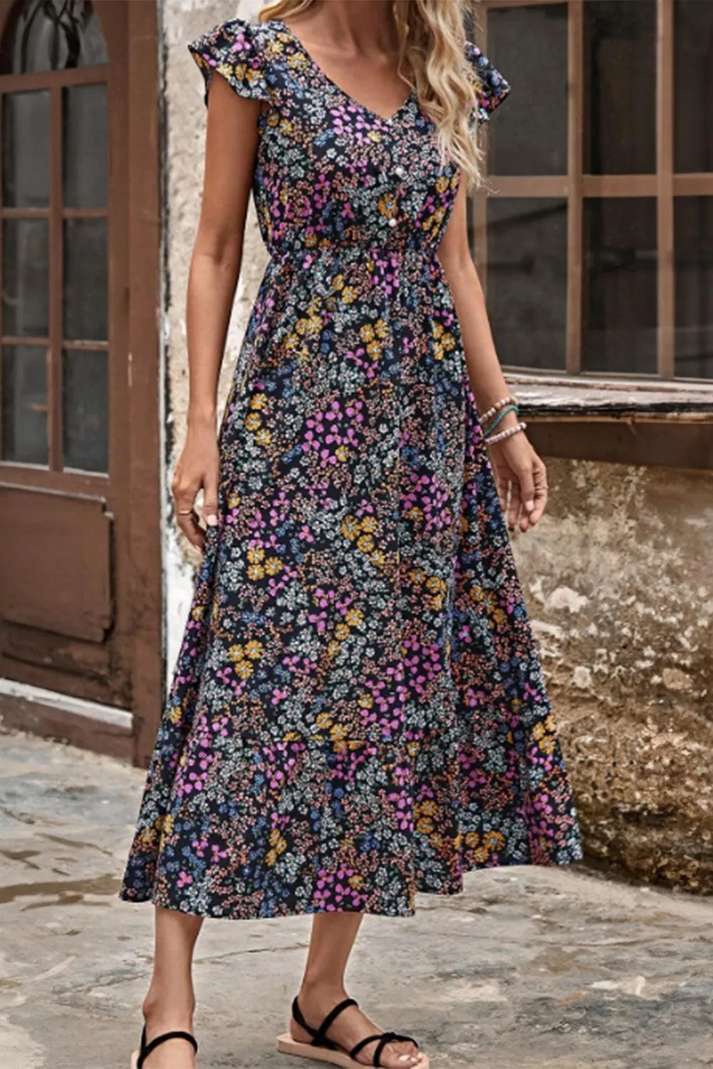 Floral Ruffled Sleeve V-Neck Midi Dress