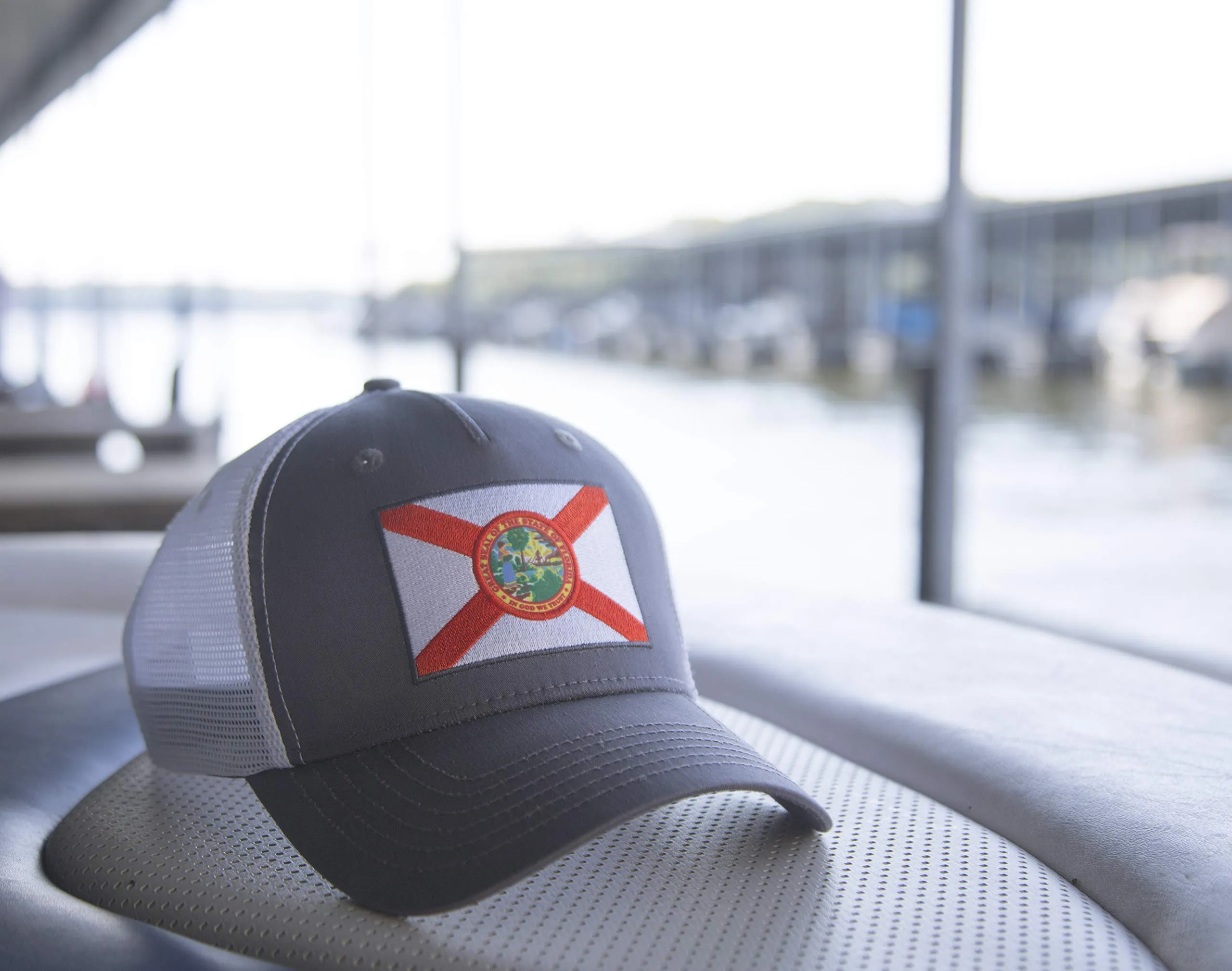Florida Flag Trucker Baseball Snapback Hat (Grey White) - International Tie