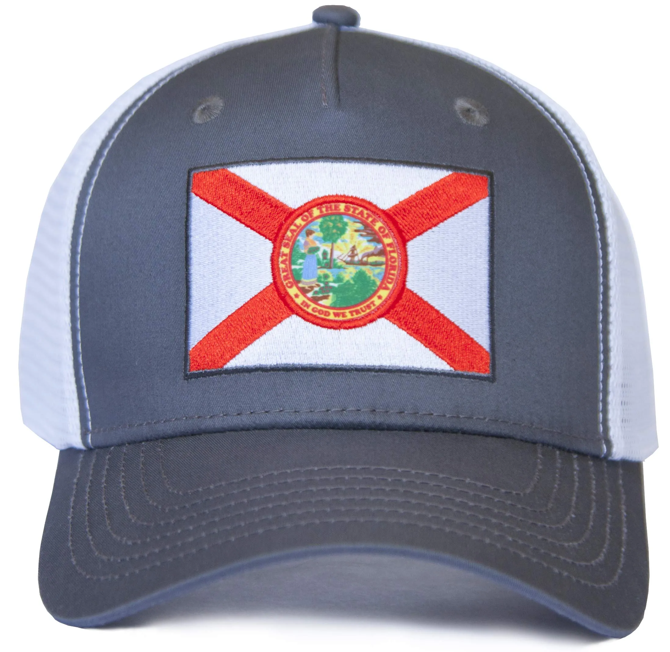 Florida Flag Trucker Baseball Snapback Hat (Grey White) - International Tie