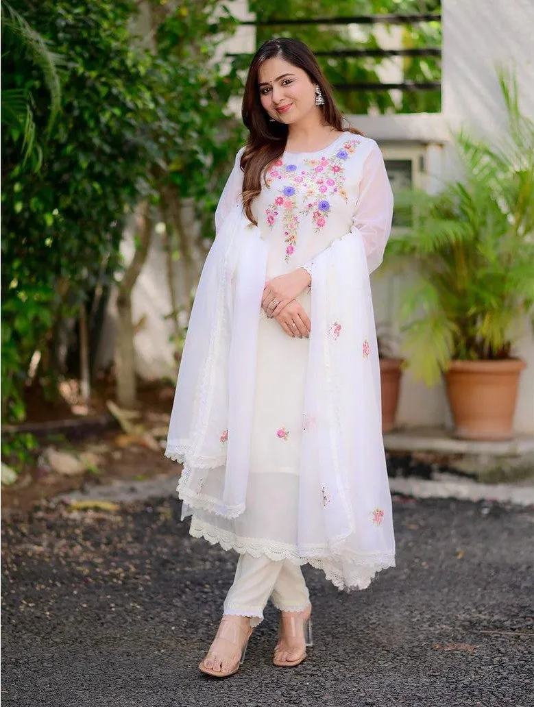 FRILLFIT : White Floral Embroidered Anarkali Suit Set with Net Dupatta