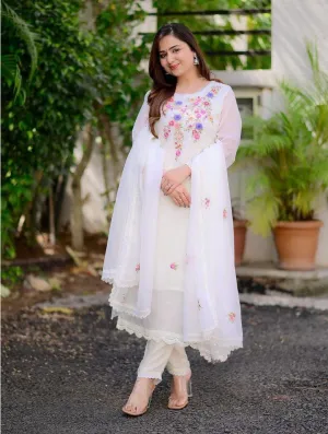 FRILLFIT : White Floral Embroidered Anarkali Suit Set with Net Dupatta