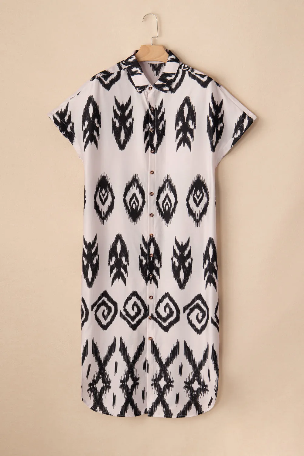 Geometric Print Long Shirt Dress with Side Split
