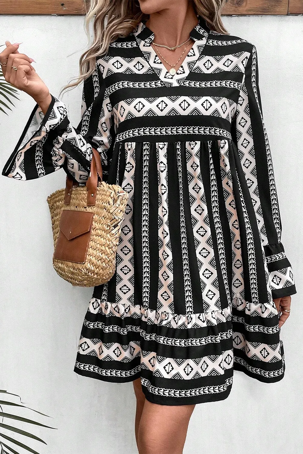 Geometric Print Mini Dress with Flared Long Sleeves