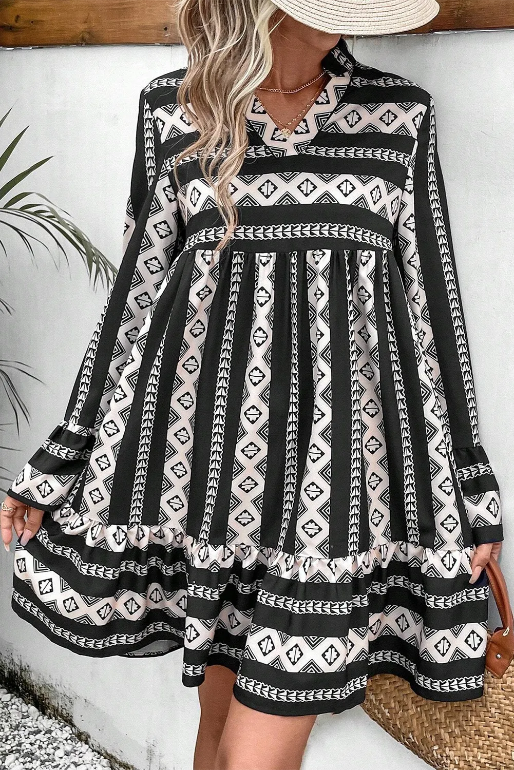 Geometric Print Mini Dress with Flared Long Sleeves