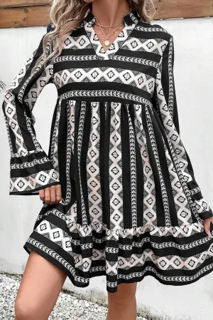 Geometric Print Mini Dress with Flared Long Sleeves