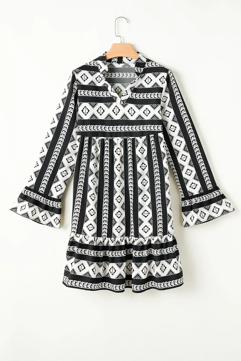 Geometric Print Mini Dress with Flared Long Sleeves