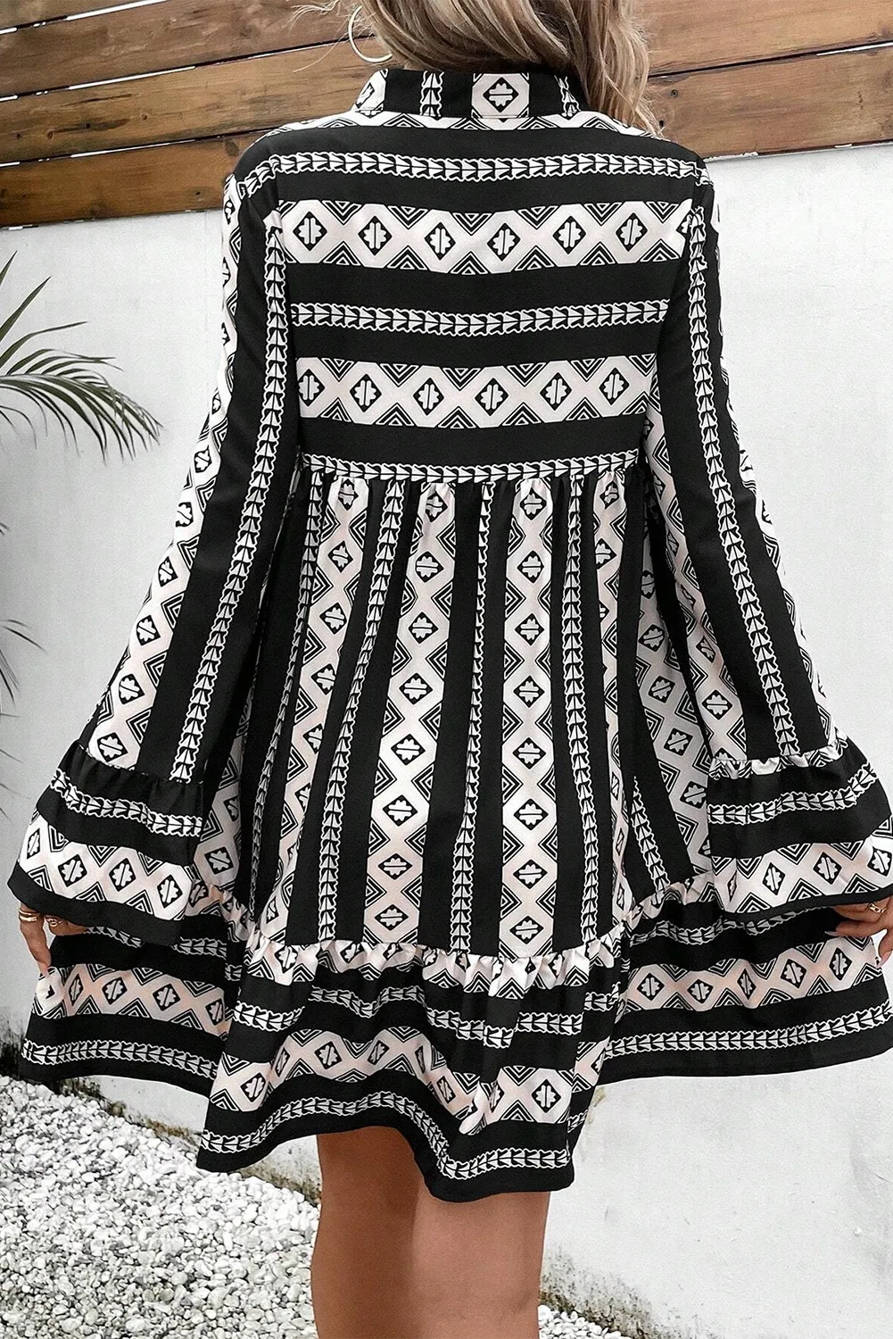 Geometric Print Mini Dress with Flared Long Sleeves