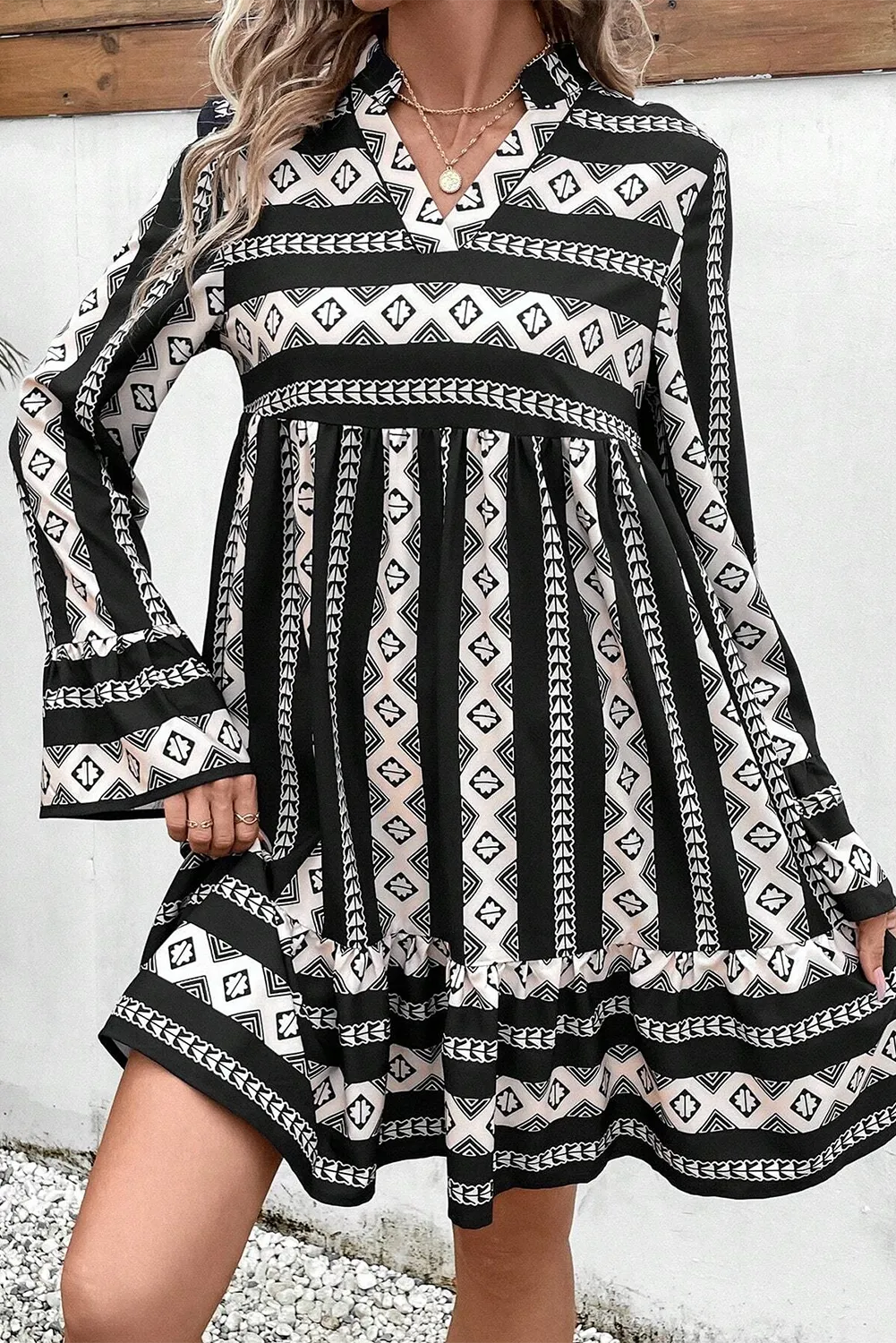 Geometric Print Mini Dress with Flared Long Sleeves