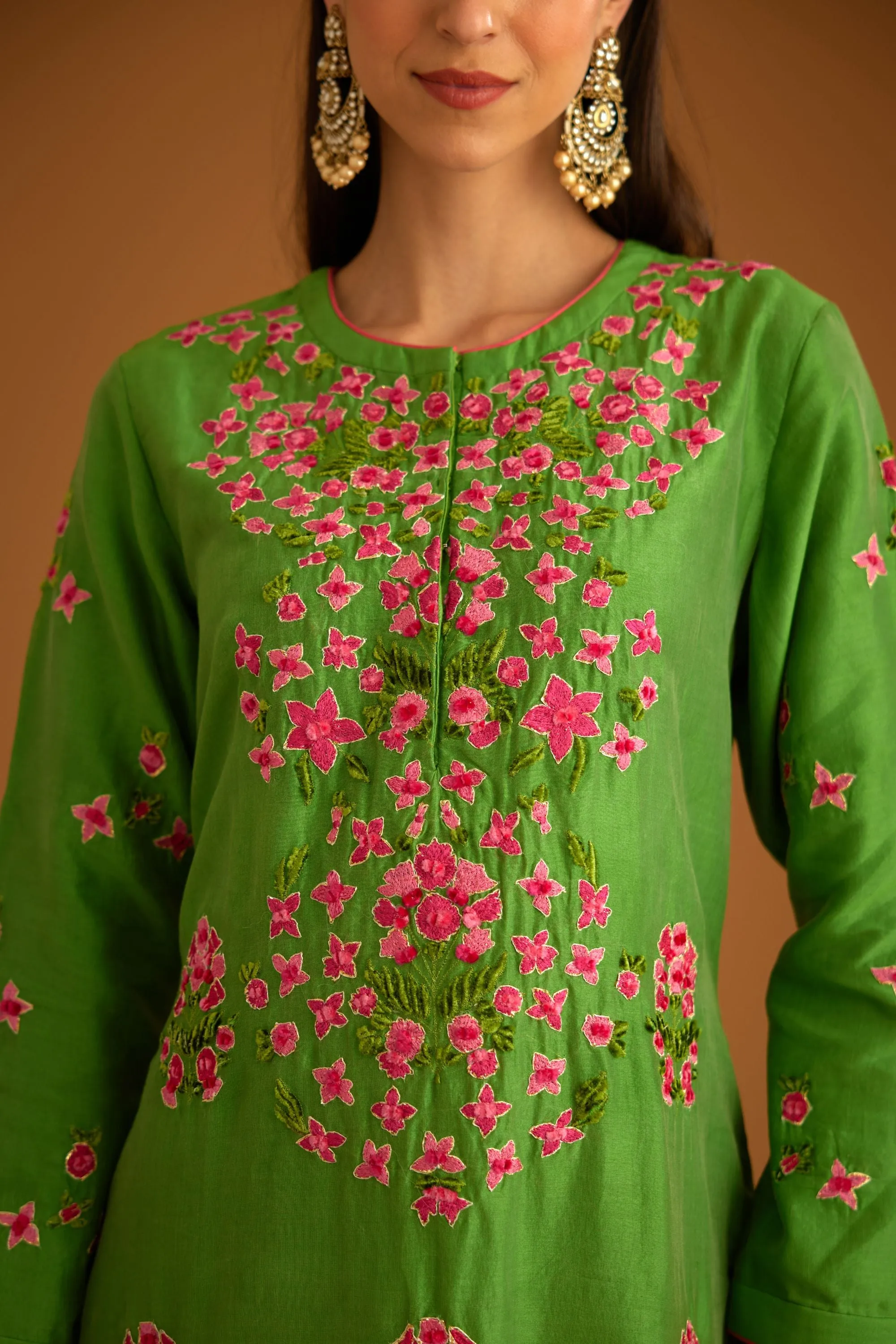 Green chanderi embroidered kurta set