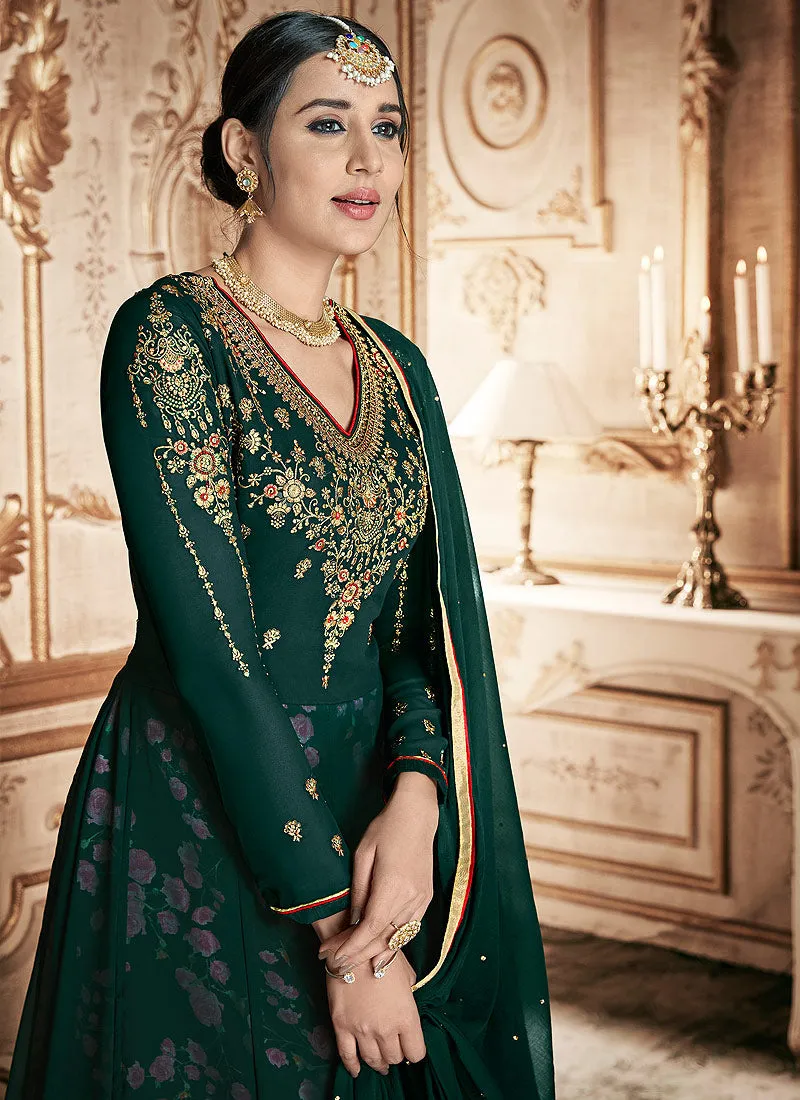 Green Floral Embroidered Traditional Anarkali Suit