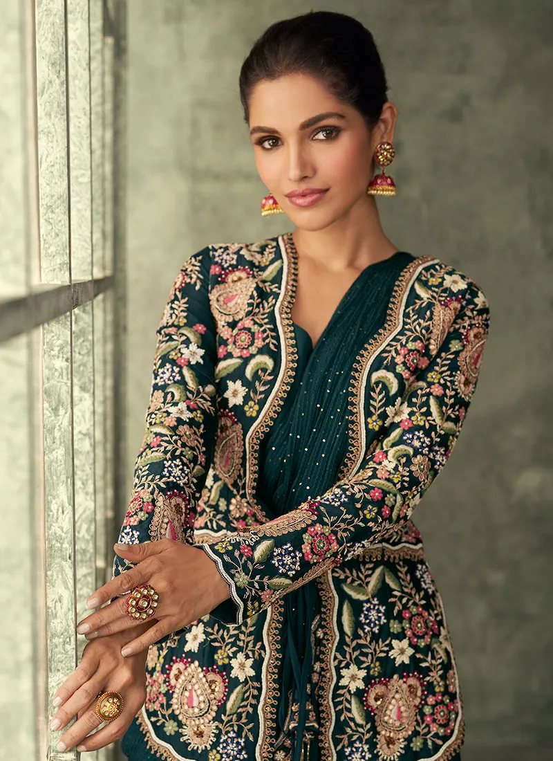 Green Multi Embroidery Saree Gown With Jacket