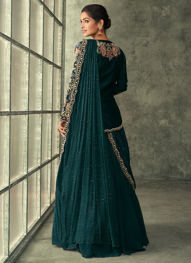 Green Multi Embroidery Saree Gown With Jacket