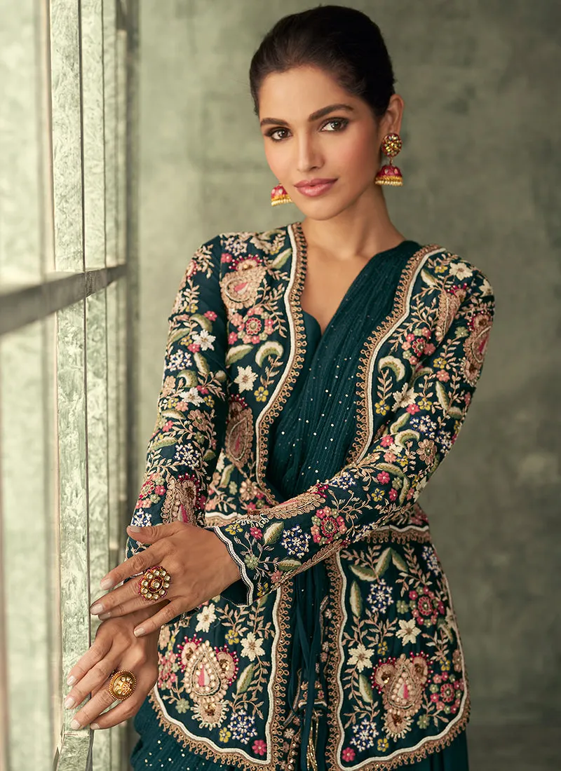 Green Multi Embroidery Saree Gown With Jacket