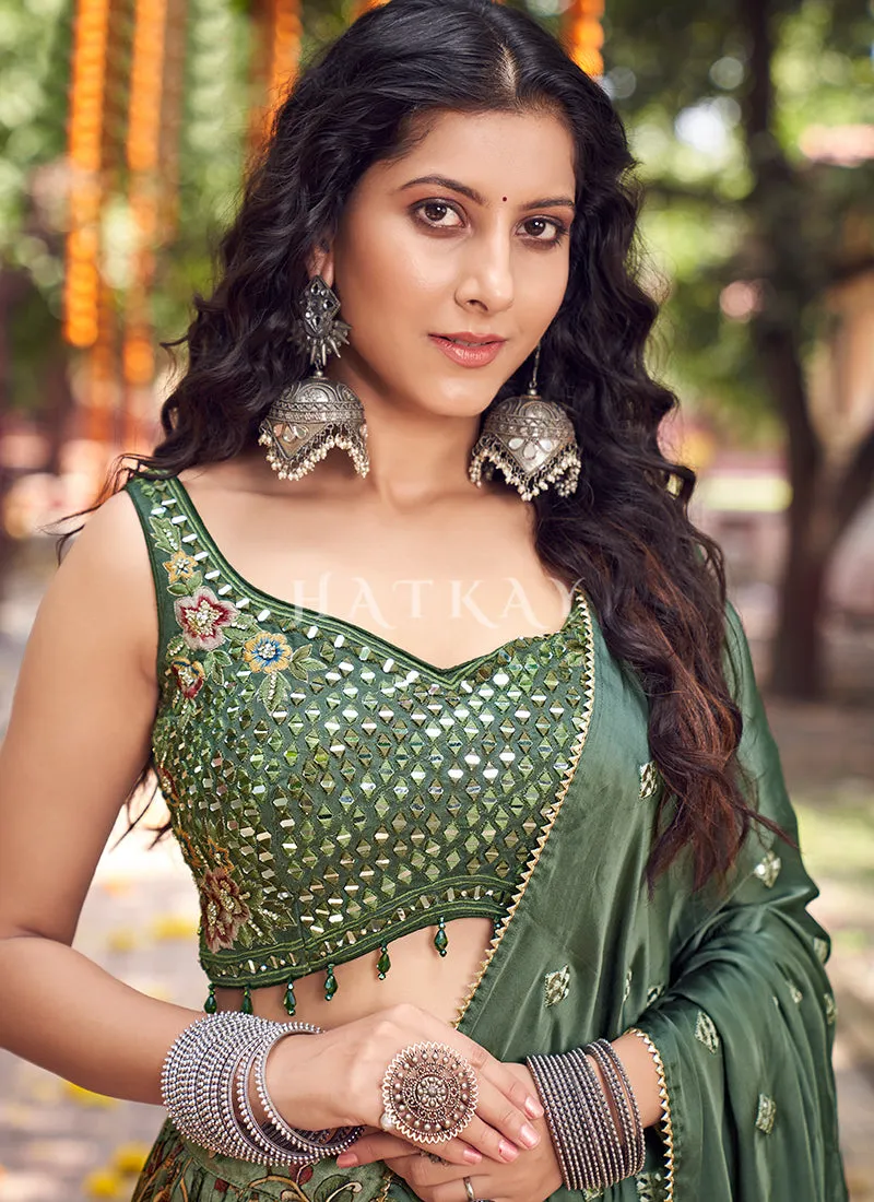 Green Multi Mirror Work Embroidery Satin Lehenga Choli