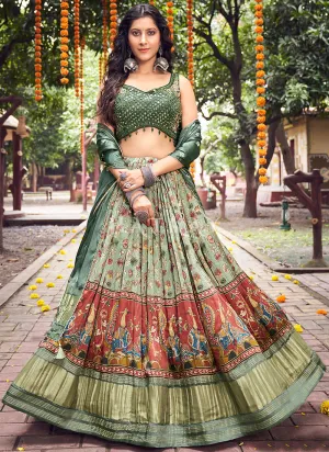Green Multi Mirror Work Embroidery Satin Lehenga Choli