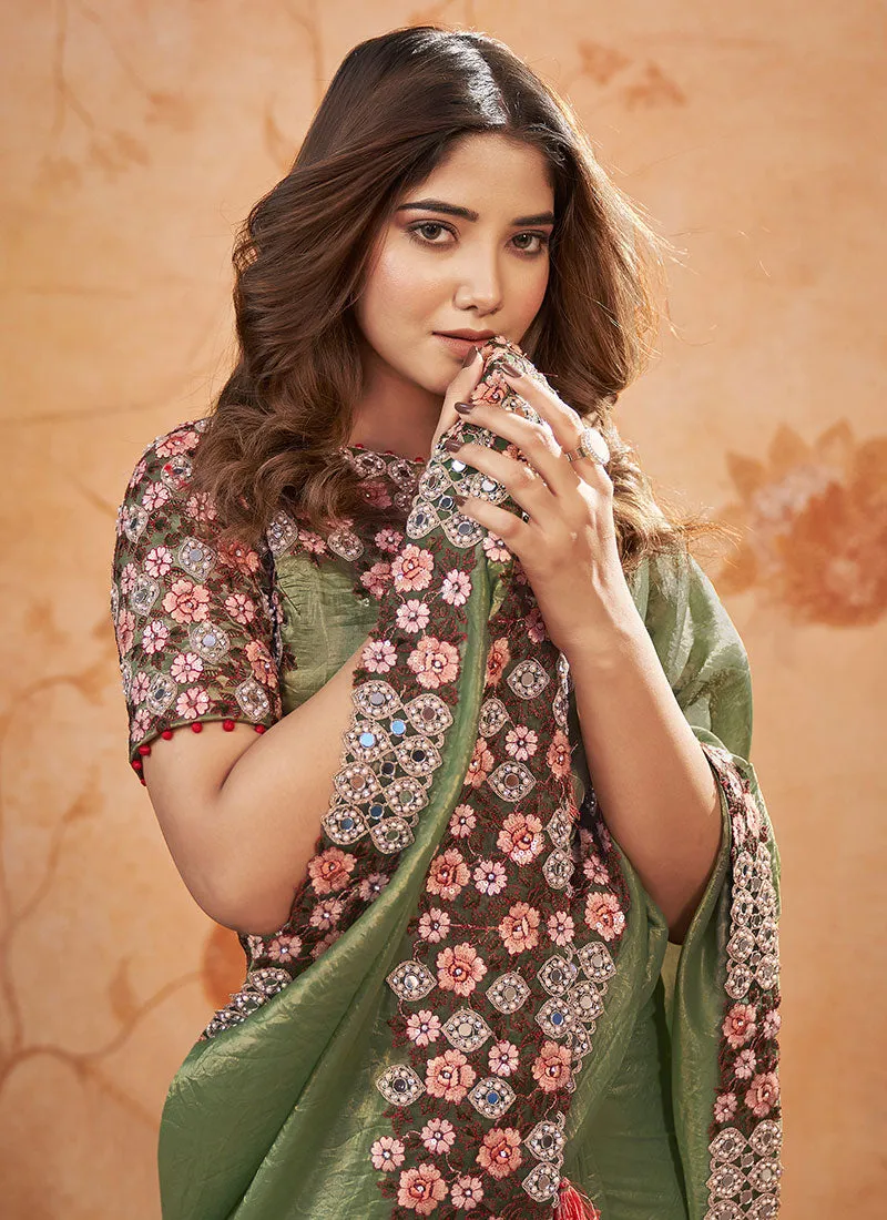 Green Multi Sequence Embroidery Wedding Saree