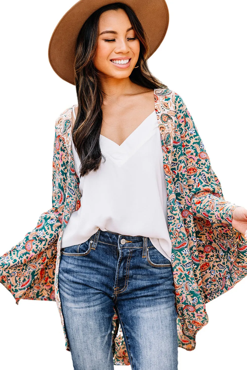 Green Paisley Floral Print Open Front Flowy Kimono