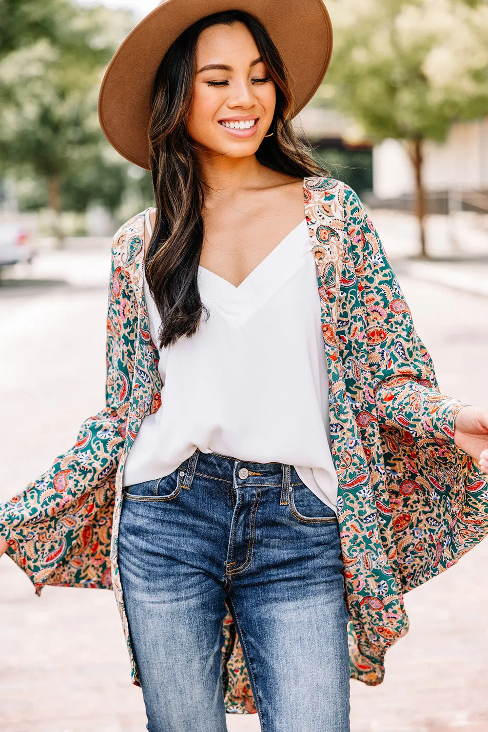 Green Paisley Floral Print Open Front Flowy Kimono