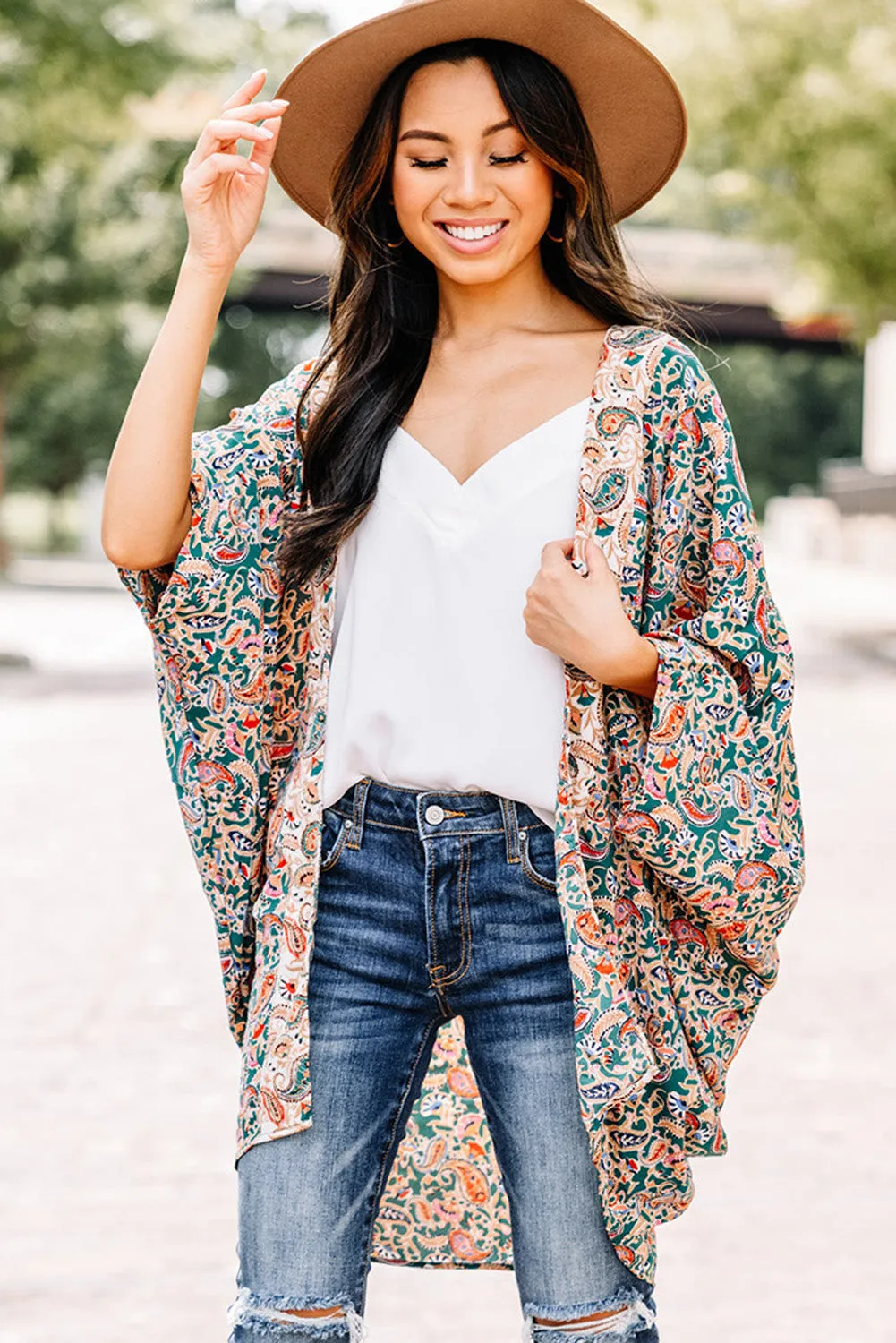 Green Paisley Floral Print Open Front Flowy Kimono