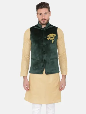 Green Velvet Nehru Jacket with Gold Embroidery