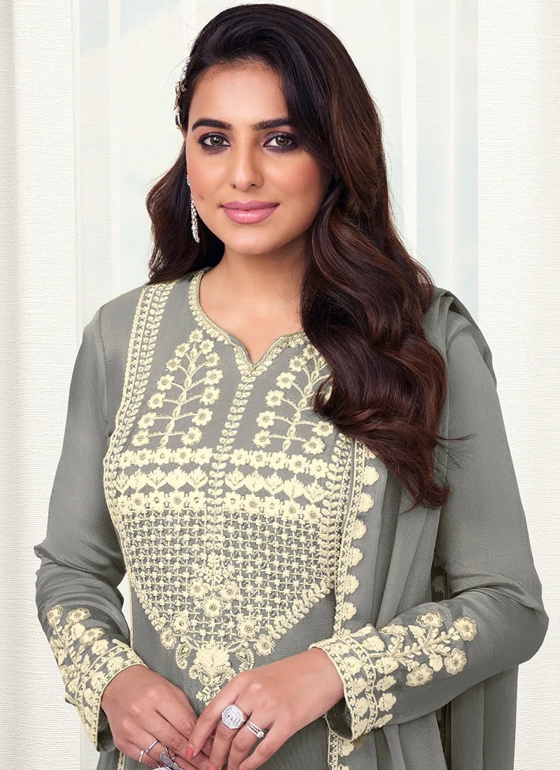 Grey Reshamkari Embroidered Gharara Style Suit