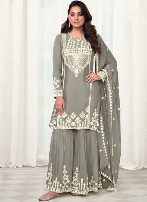 Grey Reshamkari Embroidered Gharara Style Suit