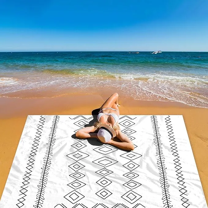 Hand-Drawn Diamonds Beach Blanket Waterproof Sandproof, Large 78''×86'' Compact Beach Mat for 1-4 Adults with Stakes & Sand Pocket, Lightweight Sand Free Picnic Mat Beach Essential