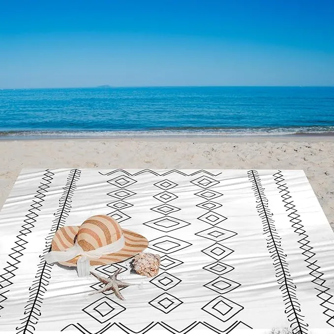 Hand-Drawn Diamonds Beach Blanket Waterproof Sandproof, Large 78''×86'' Compact Beach Mat for 1-4 Adults with Stakes & Sand Pocket, Lightweight Sand Free Picnic Mat Beach Essential