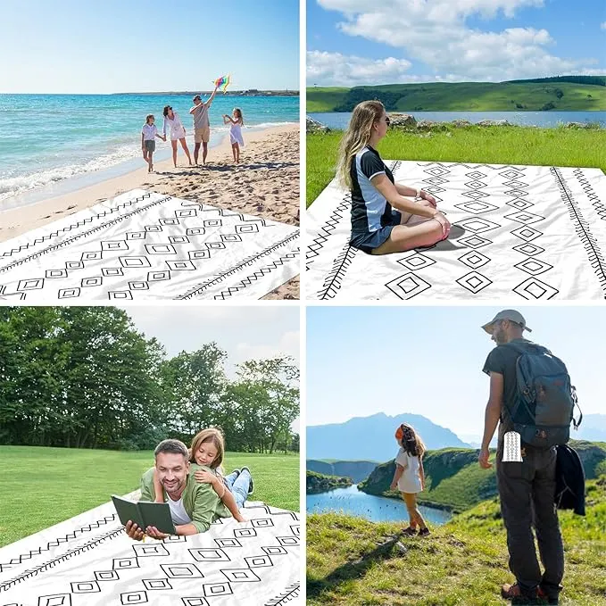 Hand-Drawn Diamonds Beach Blanket Waterproof Sandproof, Large 78''×86'' Compact Beach Mat for 1-4 Adults with Stakes & Sand Pocket, Lightweight Sand Free Picnic Mat Beach Essential