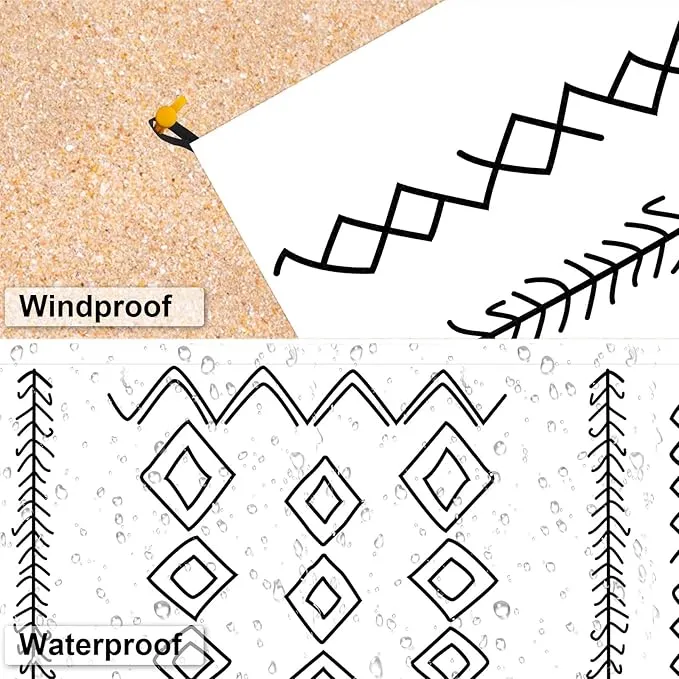 Hand-Drawn Diamonds Beach Blanket Waterproof Sandproof, Large 78''×86'' Compact Beach Mat for 1-4 Adults with Stakes & Sand Pocket, Lightweight Sand Free Picnic Mat Beach Essential
