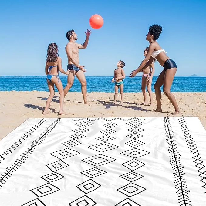 Hand-Drawn Diamonds Beach Blanket Waterproof Sandproof, Large 78''×86'' Compact Beach Mat for 1-4 Adults with Stakes & Sand Pocket, Lightweight Sand Free Picnic Mat Beach Essential