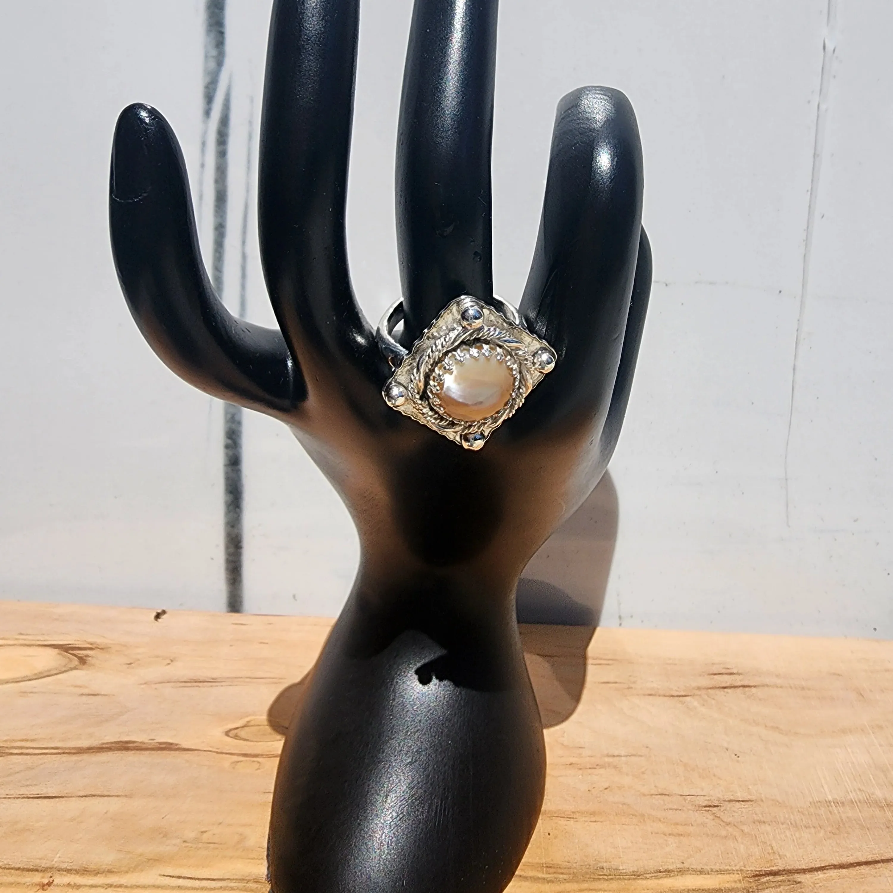 Handcrafted Sterling Silver Statement Ring – Mother of Pearl Cabochon with LOVE Detail