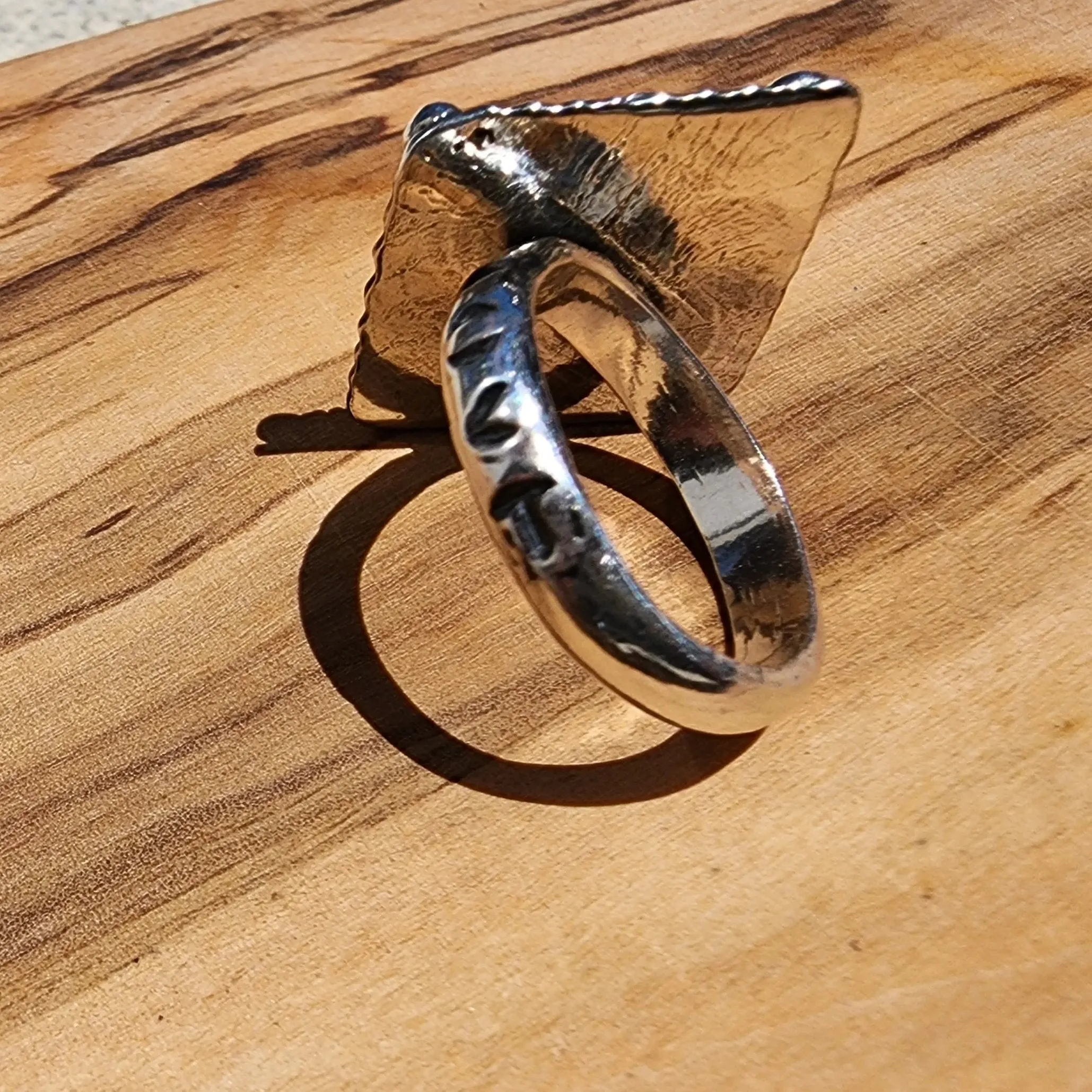 Handcrafted Sterling Silver Statement Ring – Mother of Pearl Cabochon with LOVE Detail