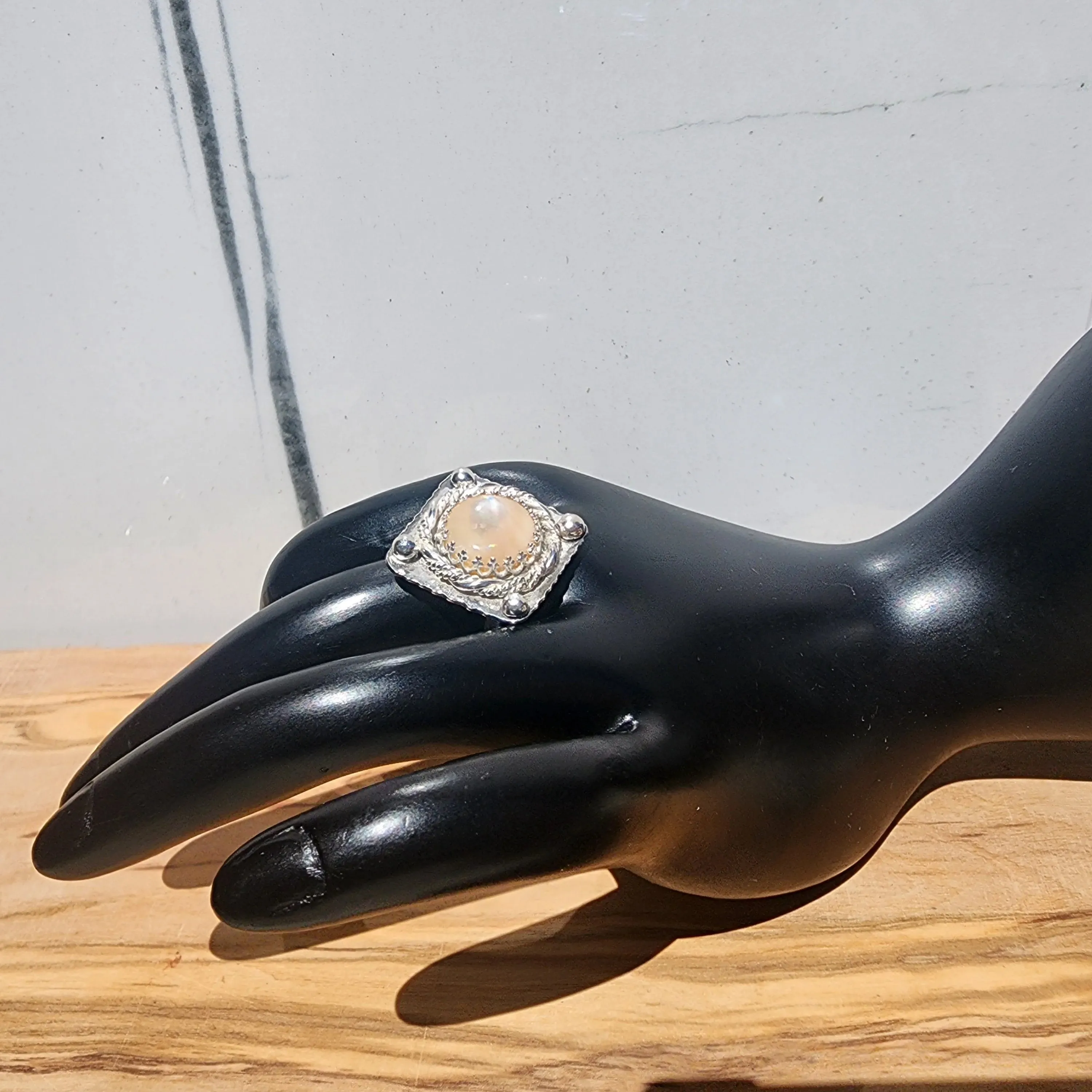 Handcrafted Sterling Silver Statement Ring – Mother of Pearl Cabochon with LOVE Detail