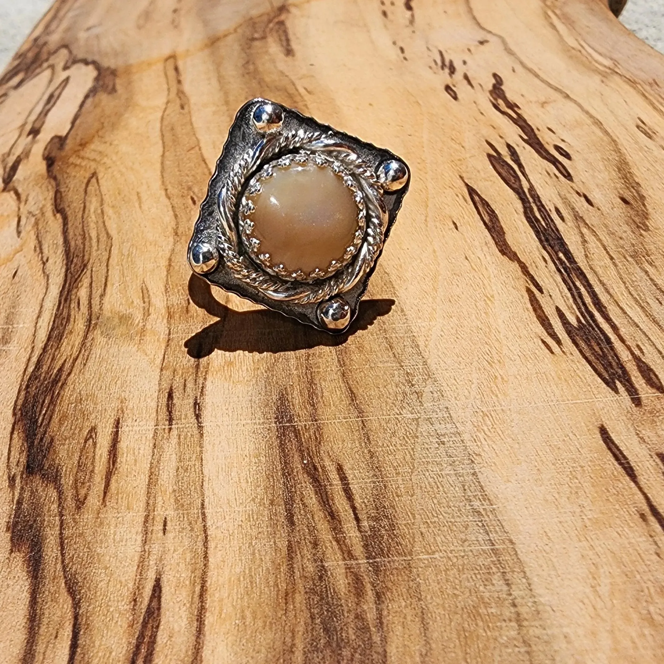 Handcrafted Sterling Silver Statement Ring – Mother of Pearl Cabochon with LOVE Detail