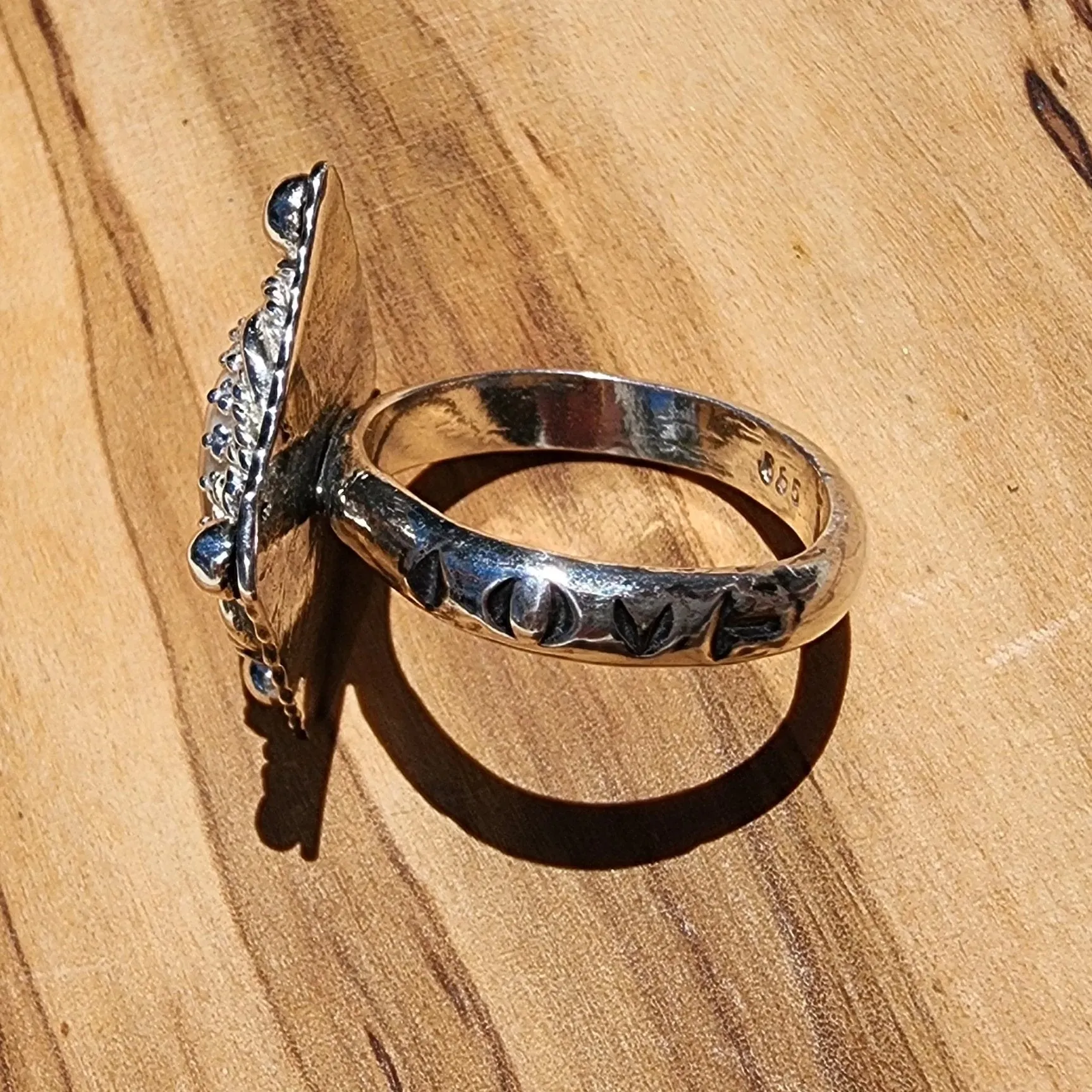 Handcrafted Sterling Silver Statement Ring – Mother of Pearl Cabochon with LOVE Detail
