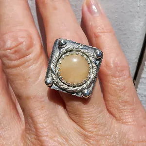 Handcrafted Sterling Silver Statement Ring – Mother of Pearl Cabochon with LOVE Detail