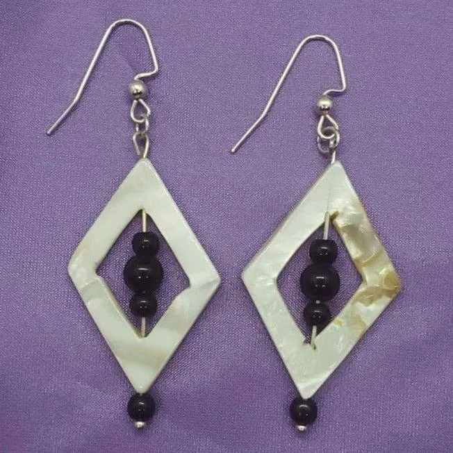 Handmade Mother of Pearl Diamond-Shaped Earrings with Jasper Beads