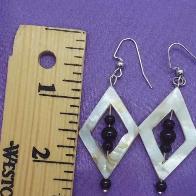 Handmade Mother of Pearl Diamond-Shaped Earrings with Jasper Beads