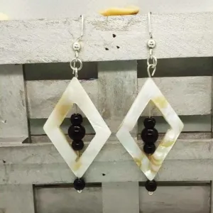 Handmade Mother of Pearl Diamond-Shaped Earrings with Jasper Beads