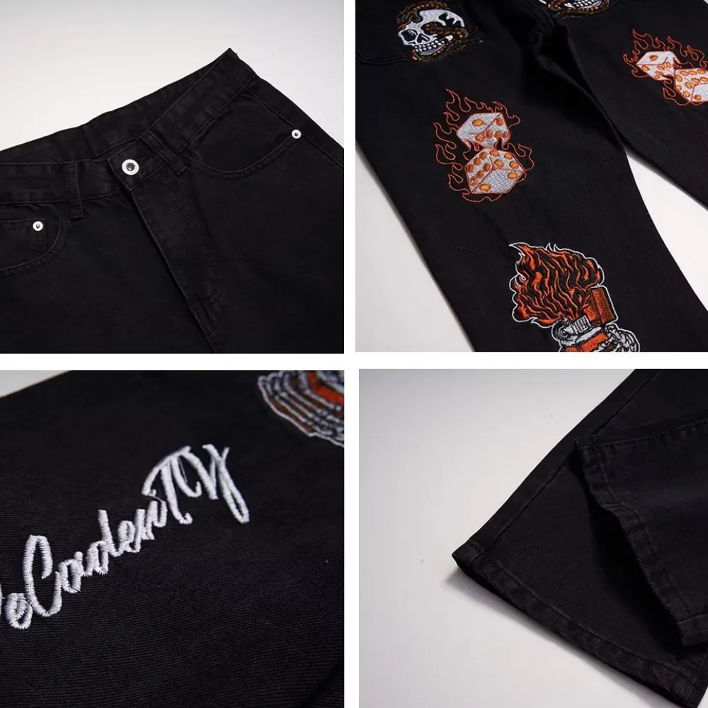 High Street Flame Skull Embroidered Jeans