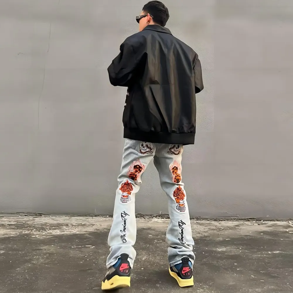 High Street Flame Skull Embroidered Jeans