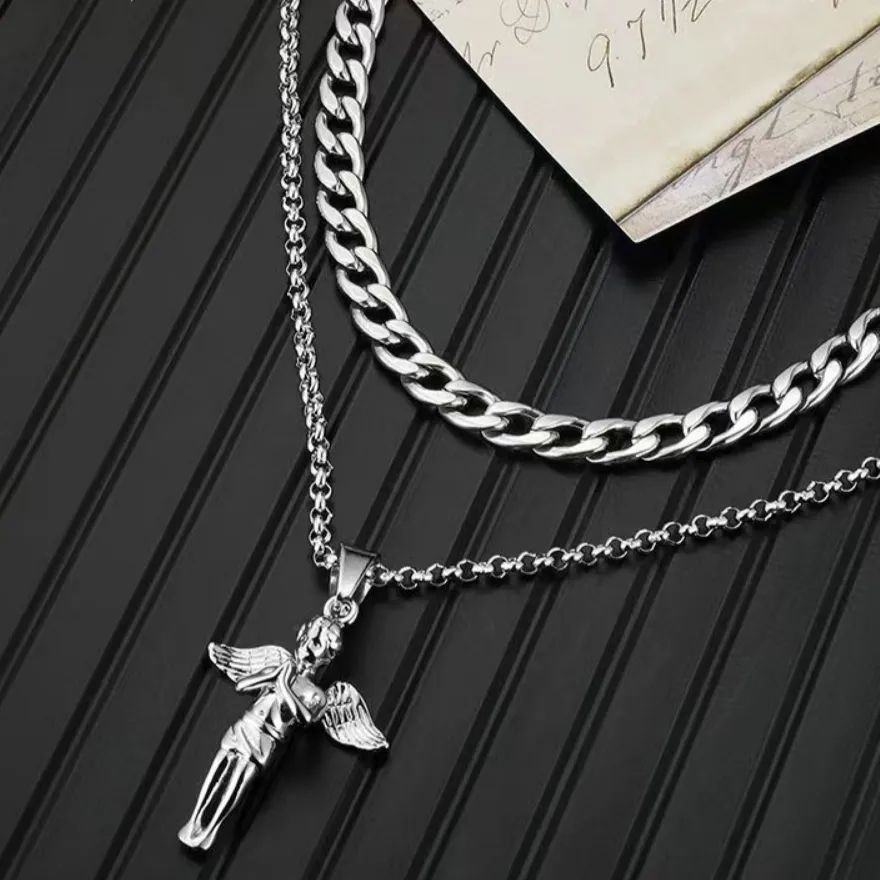 Hip Hop  Angel Pendant Double Wave Necklace