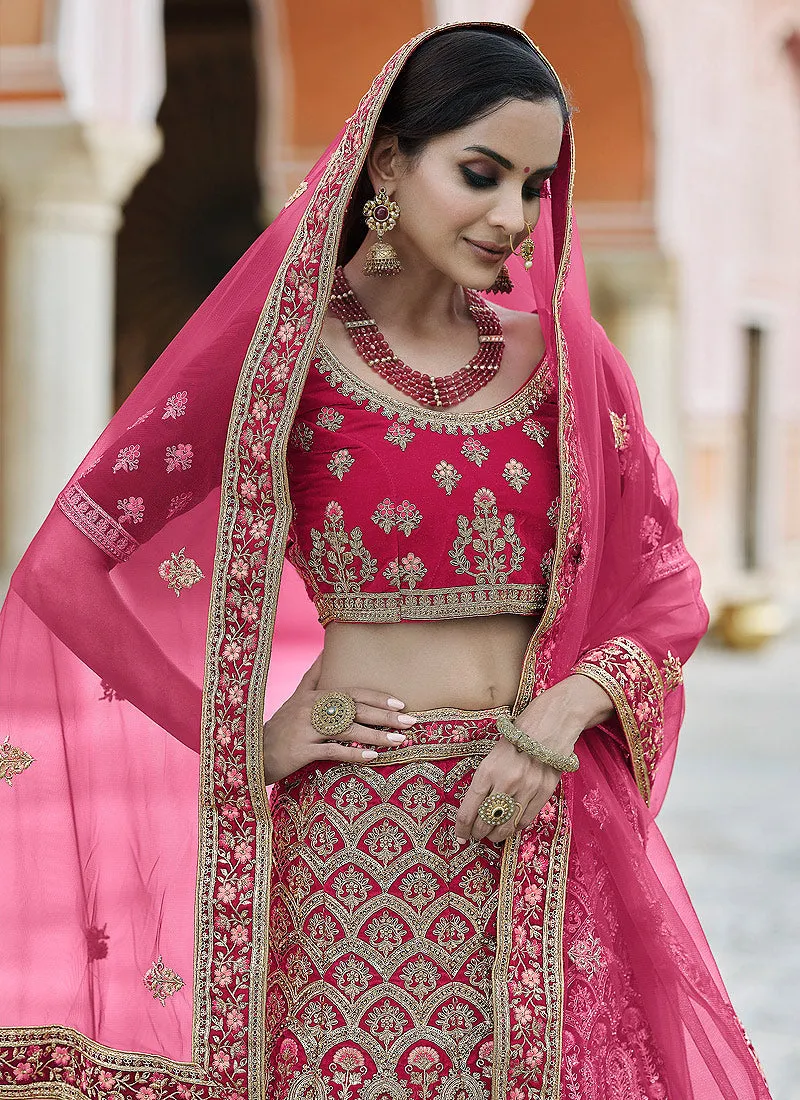Hot Pink Embroidered Velvet Wedding Lehenga Choli