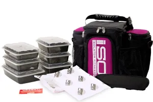 Isolator Fitness 3 Meal ISOBAG Meal Prep Management Insulated Lunch Bag Cooler with 6 Stackable Meal Prep Containers, 2 ISOBRICKS, and Shoulder Strap - MADE IN USA (Fuchsia/Black Accent)