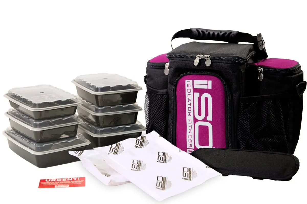 Isolator Fitness 3 Meal ISOBAG Meal Prep Management Insulated Lunch Bag Cooler with 6 Stackable Meal Prep Containers, 2 ISOBRICKS, and Shoulder Strap - MADE IN USA (Fuchsia/Black Accent)