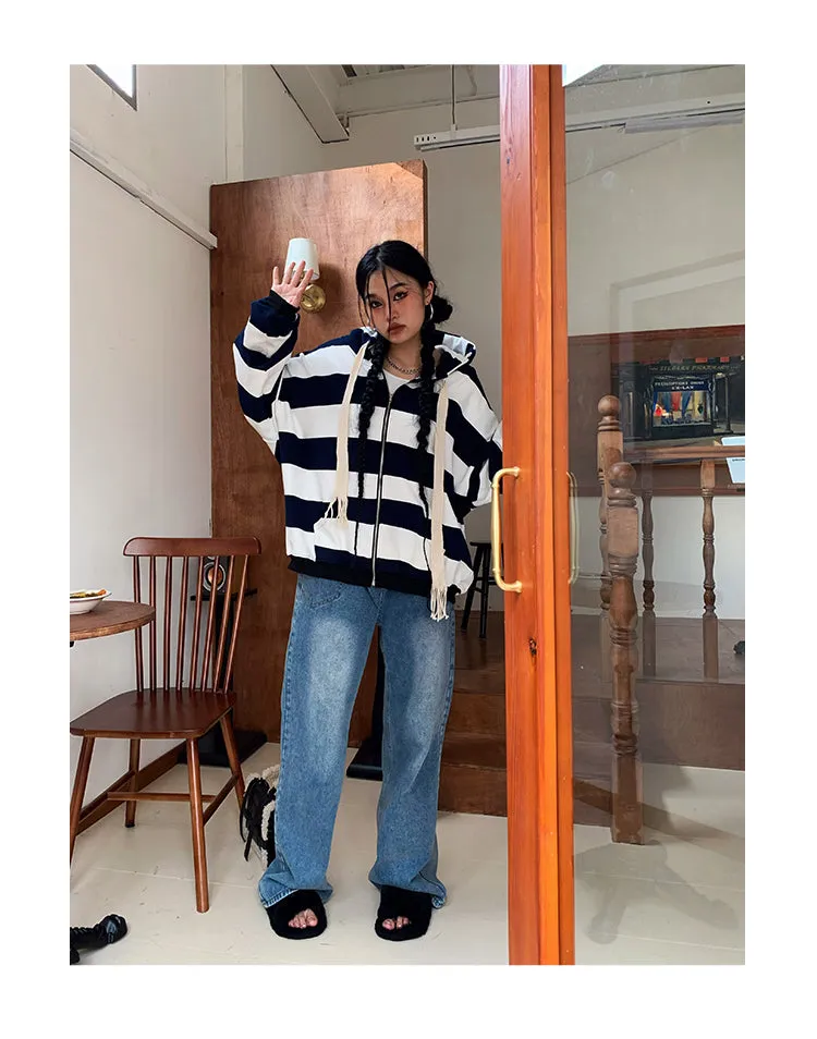 Joanna Striped Black & White Long Sleeve Baggy Hoodie Sweatshirt