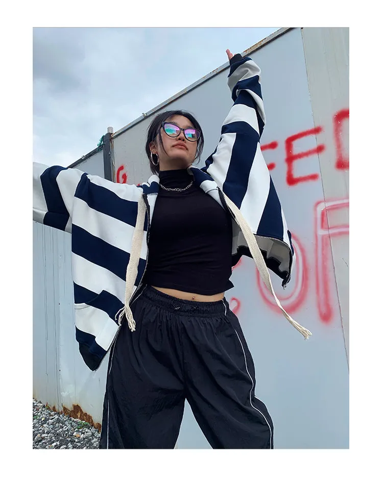 Joanna Striped Black & White Long Sleeve Baggy Hoodie Sweatshirt